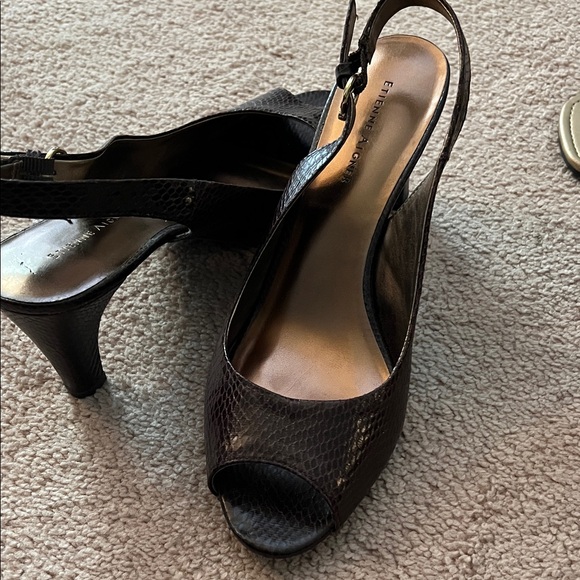 Etienne Aigner Dark Brown Peep-Toe Slingback Heels - Picture 1 of 10